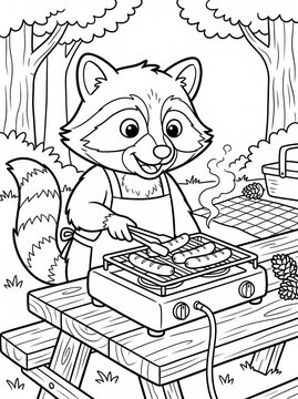 Coloring page, friendly raccoon cooking hotdogs on a camping stove.