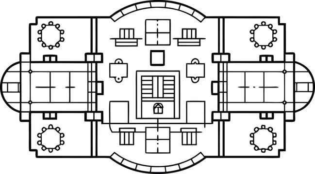 Black and white architectural floor plan with furniture symbols