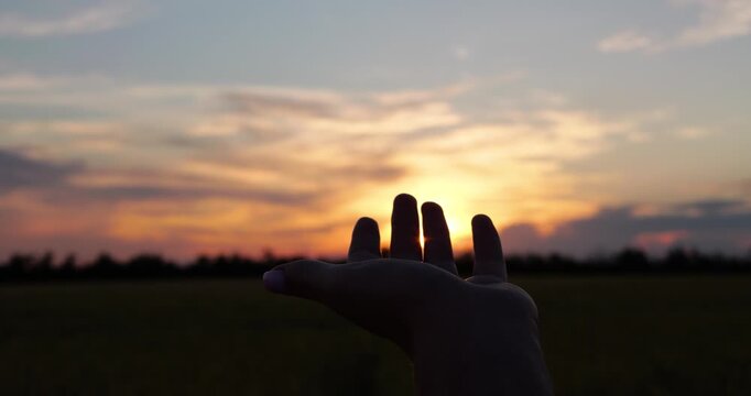 Silhouette of female hand reaching toward setting sun above open field. Vertical video symbolizes hope, faith in future, positive change and optimism during peaceful golden hour sunset. Woman hand.