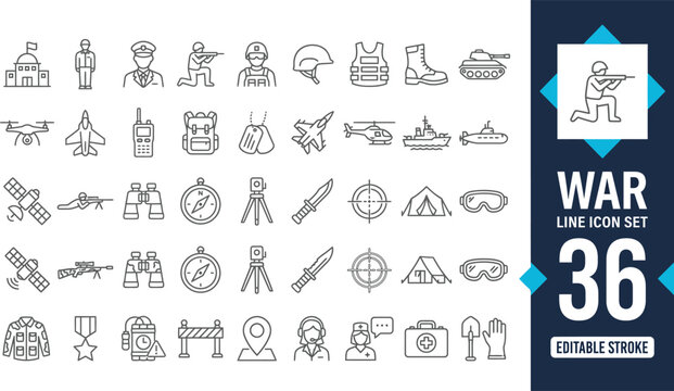 War line icon set featuring military conflict, battlefield combat, weapons, defense armor, and tactical army equipment. Professional editable outline vector illustration for history app