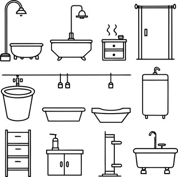 Black and white line of bathroom fixtures, furniture, and sinks shower