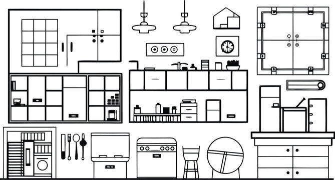 Black and white line kitchen furniture and appliance set appliances