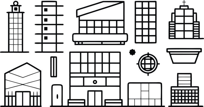 Black and white line of various architectural buildings architecture