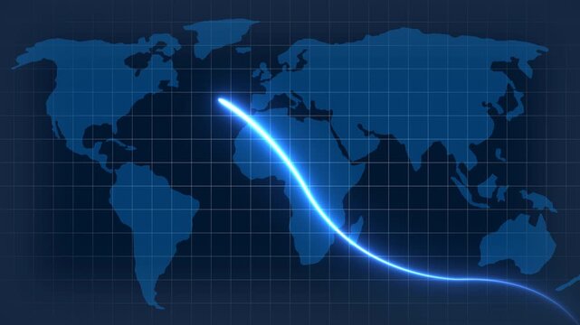 Global business growth neon glowing line and world map background animation. Business, economy, financial services Abstract concept.