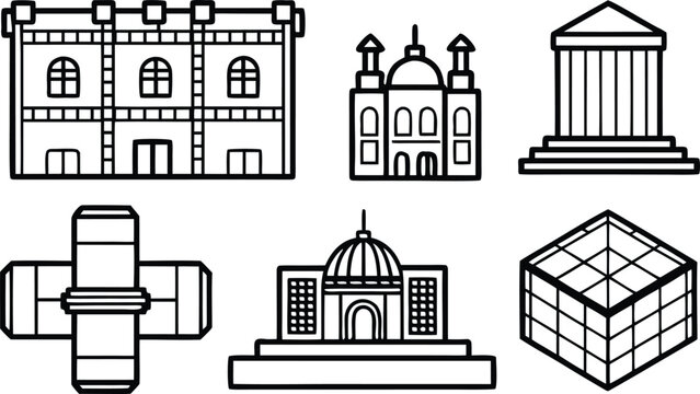 Black and white line of various architectural buildings architecture