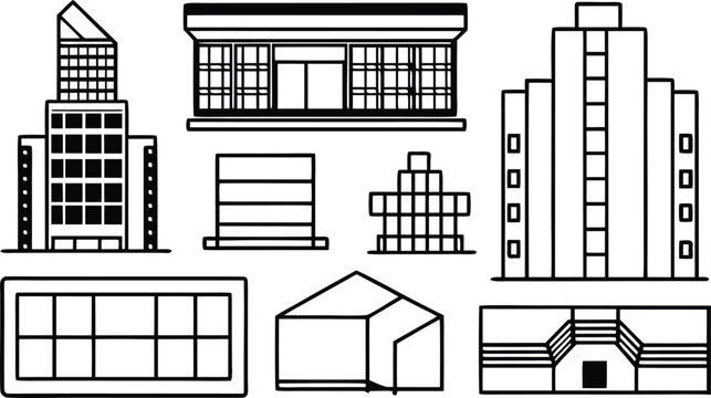 Black and white line of various building architectural forms house