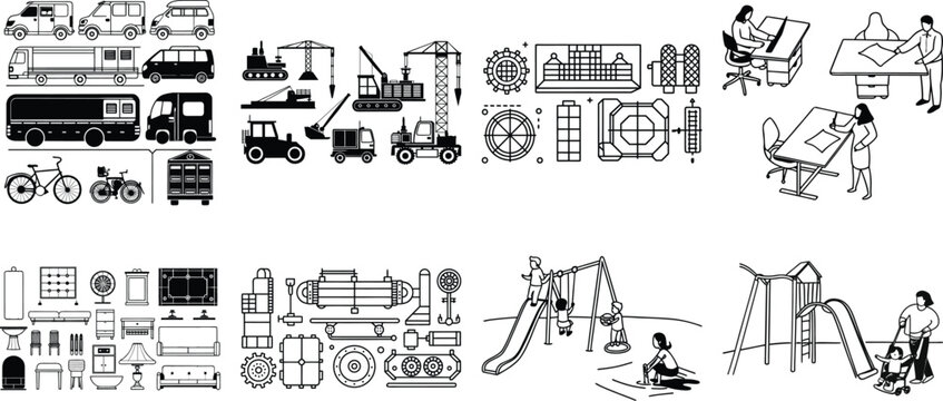 Black and white set, vehicles, construction, office, furniture outline