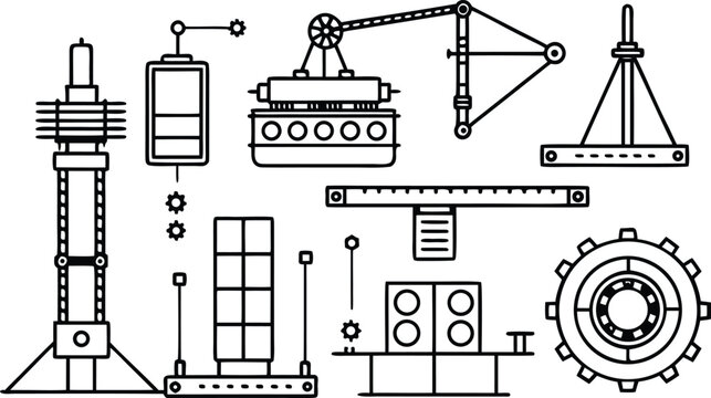 Black and white technical drafting of construction tools and gear
