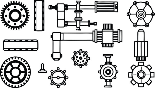 Black and white technical line of mechanical gears and shafts