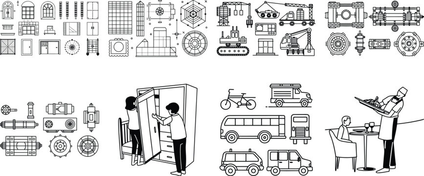 Collection of black and white line batch 10 set outline architecture