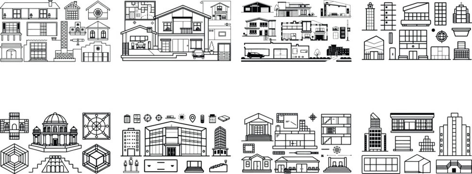 Collection of black and white architectural building line architecture