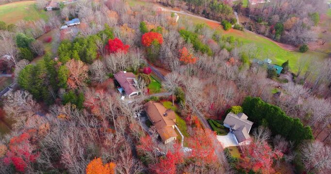 Remote rural homes nestled among the fall season red trees in Tennessee. Autumnal Appalachian woods with golden and amber tree crowns