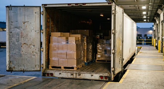 Open shipping container or trailer with palletized cardboard boxes inside at a warehouse loading dock in an industrial logistics warehouse