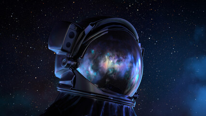Astronaut in space suit helmet, facing forward with nebula visible inside visor, set against starfield background with blue and purple lighting on suit. © Piotr Adamczyk