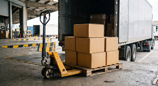 Pallet jack carrying stacked cardboard boxes beside a truck trailer at a warehouse loading dock in an industrial logistics warehouse
