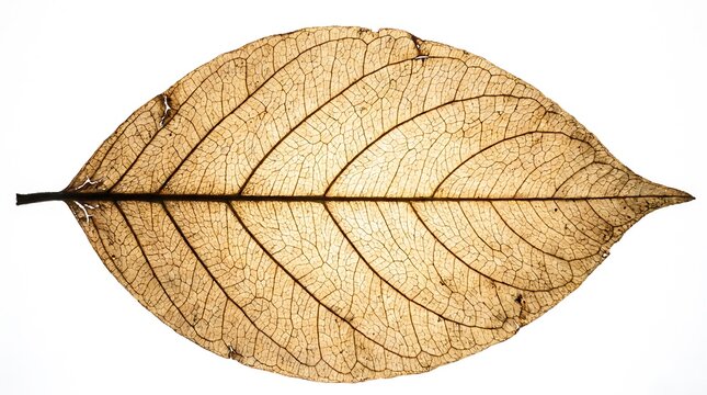 Close-up macro photograph of a detailed skeleton leaf showing intricate vein structure isolated on a white background