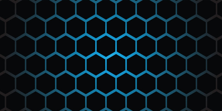 Abstract dark background with a glowing blue hexagon grid pattern. Modern minimalist technology texture for creative digital backdrops and futuristic graphic designs.