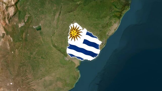Uruguay map with national flag overlay on satellite earth view