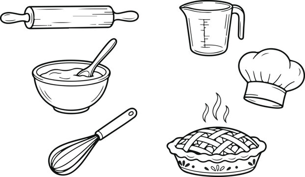 Baking tools and pie vector icon set with hand drawn line art drawings