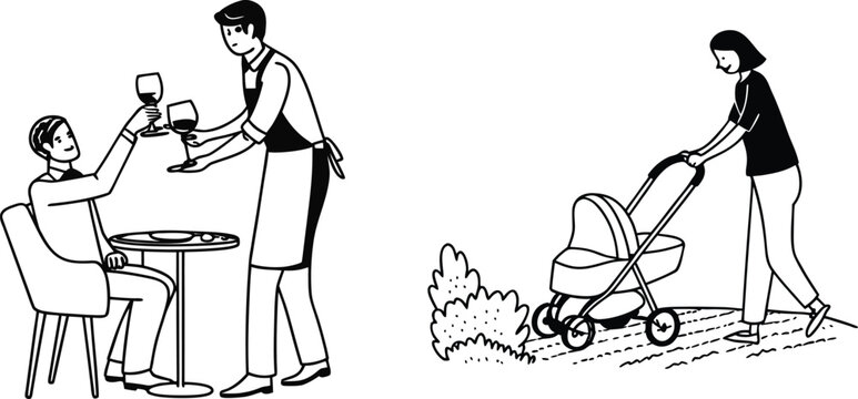 Waiter serving wine to customer, woman pushing baby stroller outside