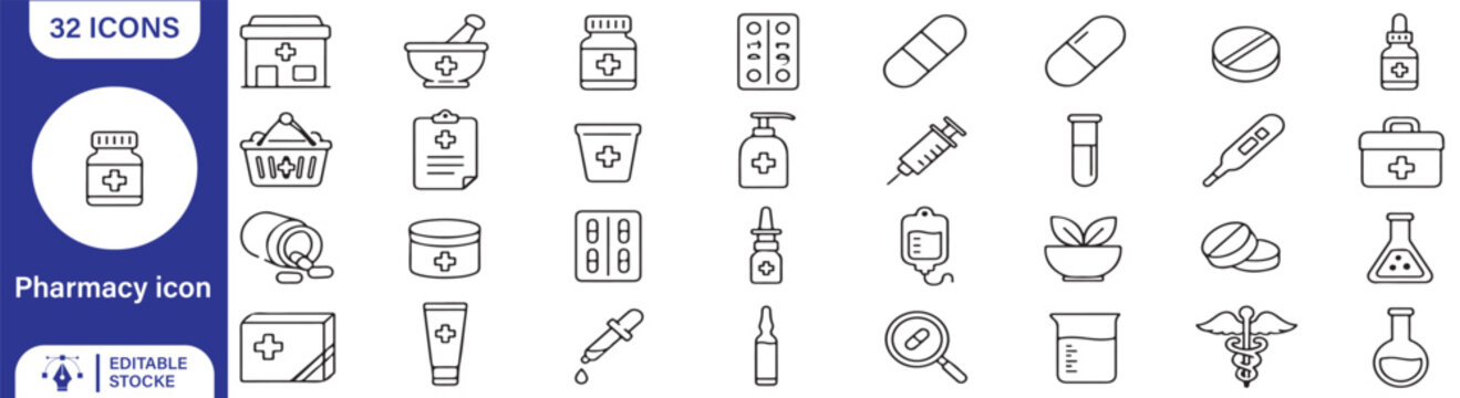 32 Pharmacy Vector Outline Icons Set &ndash; Medicine, Prescription, Medication, Drugstore, Pharmaceutical and Healthcare Line Symbols Collection