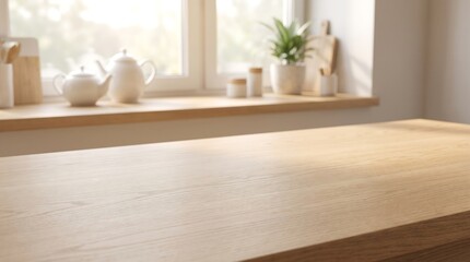 Fototapeta premium Empty wooden table surface in bright kitchen interior for product mockup and food presentation background design.