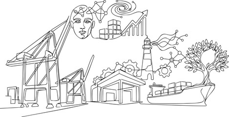 Obraz premium Continuous one line drawing of generic global logistics port with cargo ship crane lighthouse warehouse artificial intelligence face and crescent star tree concept vector