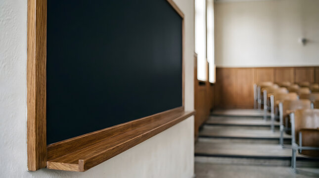 Blank blackboard in an empty university lecture hall. Blurred background of wooden desks and chairs in a college classroom. Copy space for text