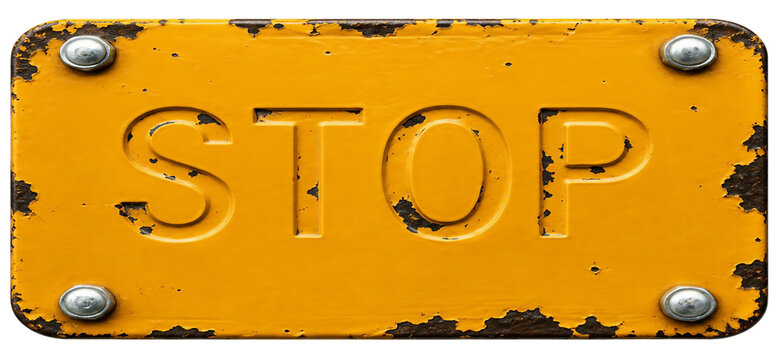 Vintage yellow metal stop sign with embossed bold letters, rusted edges, industrial style, weathered surface, aged safety signage, rectangular shape, four corner bolts.