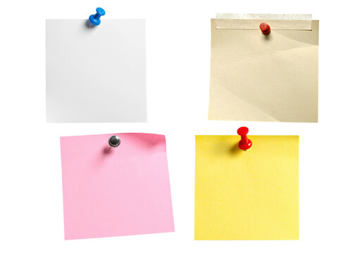 Set of 4 colorful sticky notes with push pins blank memo paper isolated on transparent background PNG