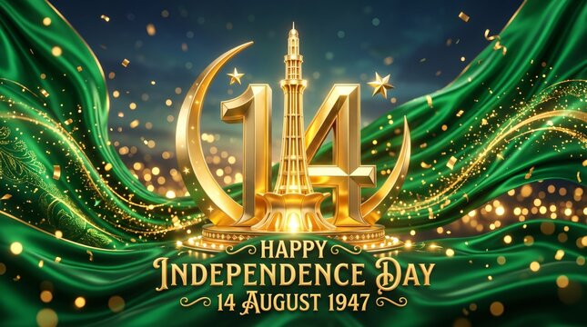 Happy Pakistan Independence Day 14 August Golden Monument Design with Green Silk Flag and Sparkles