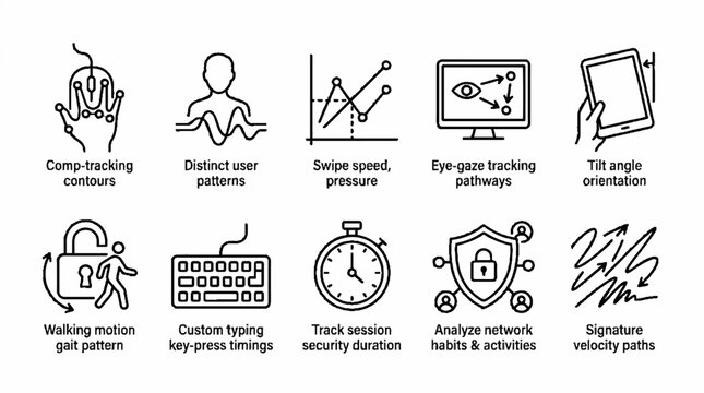 A collection of ten hand drawn icons representing various biometric and behavioral user authentication methods.