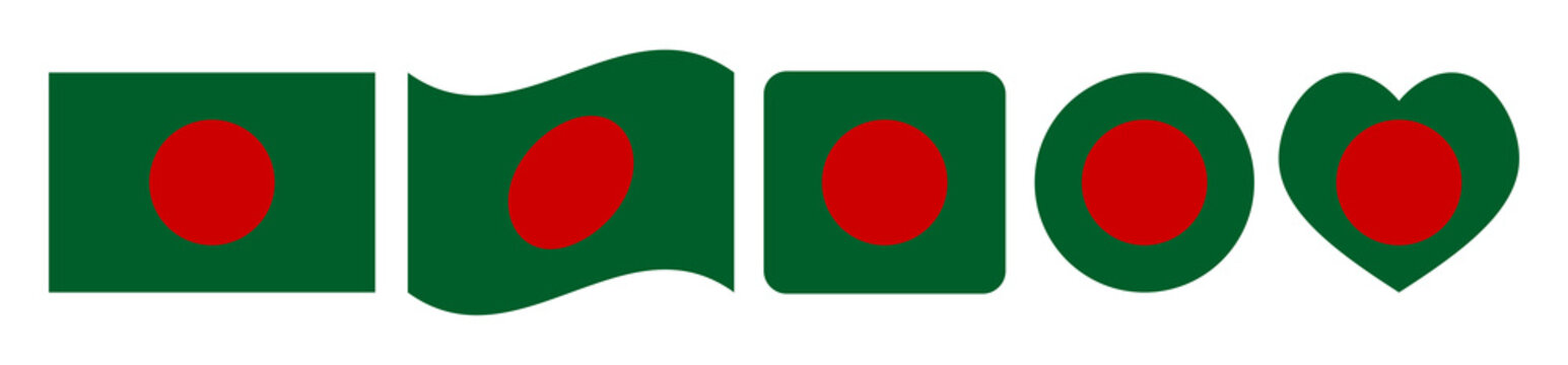 Bangladesh national flag collection featuring rectangle, waving banner, rounded square, circle and heart icon shapes, flat vector illustration isolated on white background