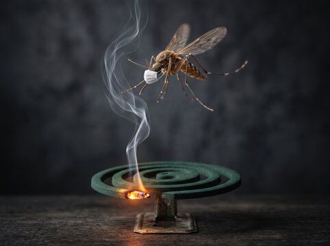 A mosquito wearing a small white face mask hovering above a burning green mosquito coil emitting a thin trail of grey smoke against a dark textured background