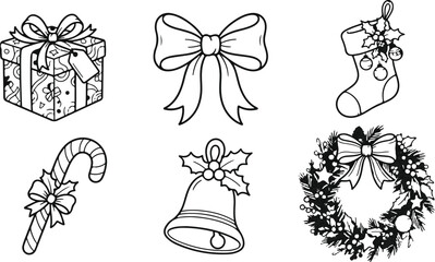 Christmas holiday elements vector outline set for coloring book page with gift box, ribbon bow, stocking, candy cane, jingle bell, and wreath