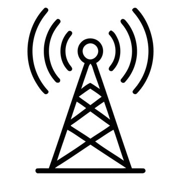 A simple black outline icon of a telecommunications radio tower emitting signal waves representing wireless connectivity and data transmission isolated on transparent background