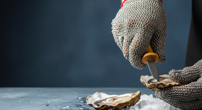 Professional chef shucking fresh oysters, a culinary delicacy. Hands in protective chainmail gloves opening raw shellfish, gourmet seafood preparation.