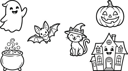 Fototapeta premium Cute Halloween elements outline set for coloring book with ghost, pumpkin, bat, and witch cat