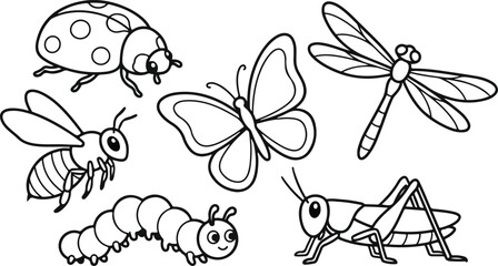 Insects set vector illustration for coloring book with butterfly ladybug dragonfly grasshopper bee © Hello World