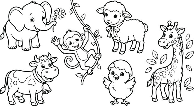 Cute baby animals outline vector set for coloring page with elephant giraffe monkey