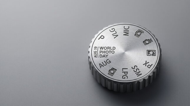 Silver metal camera mode dial with engraved World Photo Day text sitting on minimalist grey studio surface to celebrate visual creativity