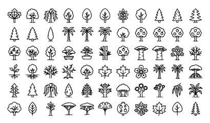 Obraz premium Minimal Trees Line Icon Set with Roots Leaves Branches and Fruit Vector Illustration