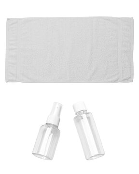 Set of cosmetic products and clean towel on light background. Cosmetic cream and bottle mockup, bath scene creator. disposable cosmetic travel bottle. 3d rendering. 