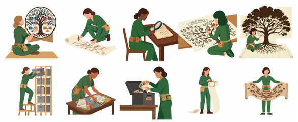 Naklejka premium Professional female genealogists researching ancestry, organizing family trees, and studying historical archives flat vector illustration set
