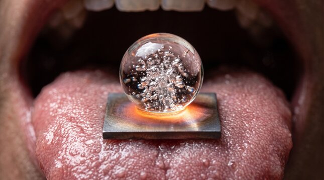 Gota de agua surrealista sobre una microplaca de metal calentada sobre una lengua humana