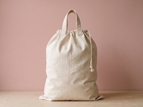 Natural canvas cotton drawstring laundry bag standing on a wooden surface Mockup