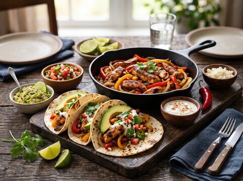 Chicken fajitas with grilled peppers and onions served in flour tortillas on a wooden board with bowls of guacamole pico de gallo sour cream and lime wedges on a rustic table