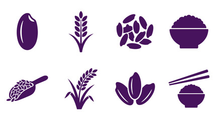 Purple rice grain and harvest plant icon set.