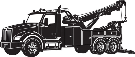Black and white of a heavy-duty tow truck with a boom crane, winch, and hook, isolated on a white background © Pixel With MH