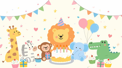 Cute safari animals celebrating a birthday with balloons, presents and birthday cake in pastel Scandinavian style. © sbastianDION